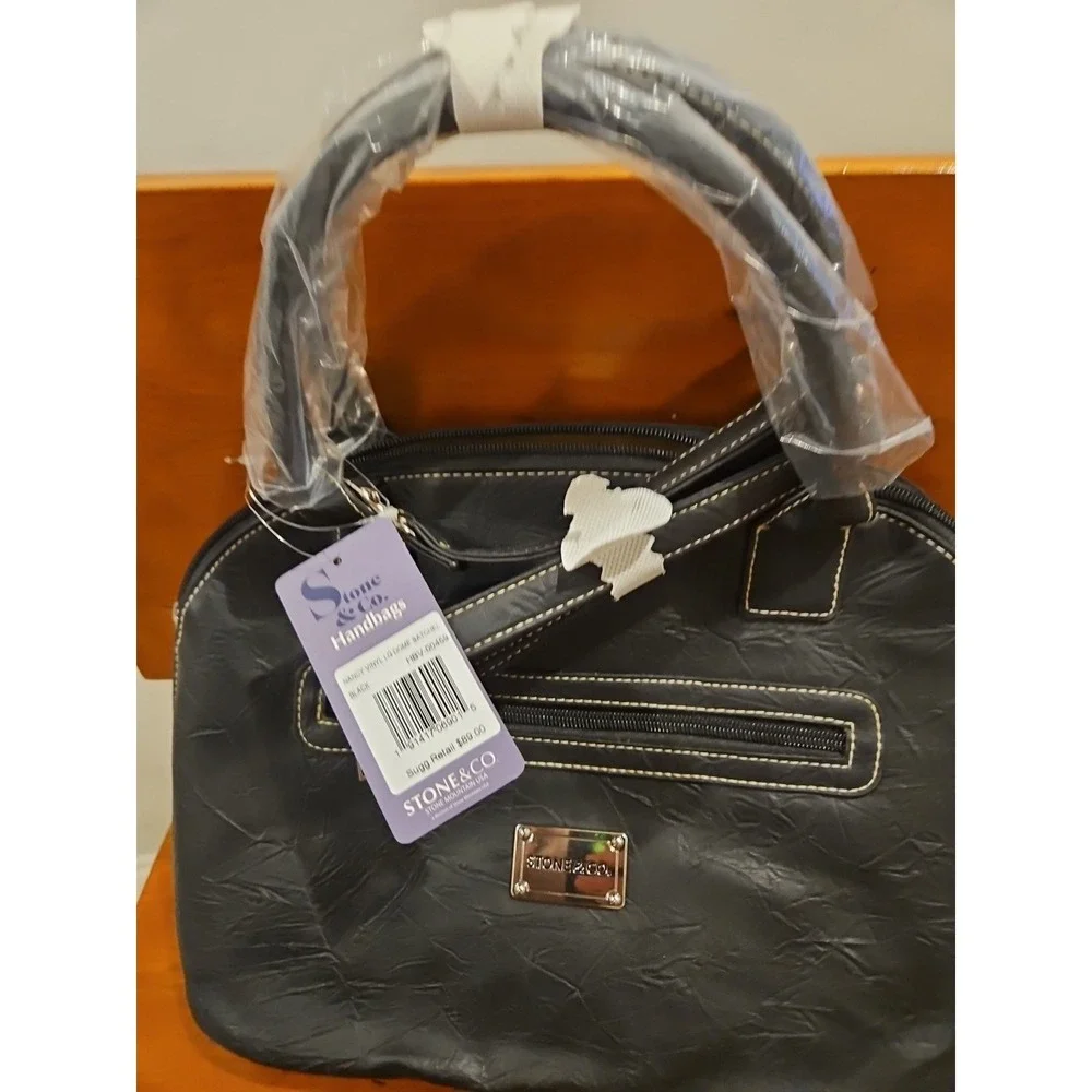 Stone & Co. Nancy Large Dome Satchel Black Purse White‎ Stitch NEW
